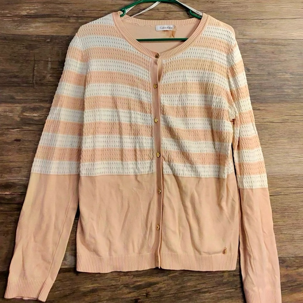 Calvin Klein Cream White & Peach Striped Button Down Cardigan‎